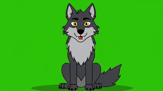 Animated Wolf Character on Green Screen, Cartoon Wolf Howling and Smiling, Alpha Channel Animal Animation.