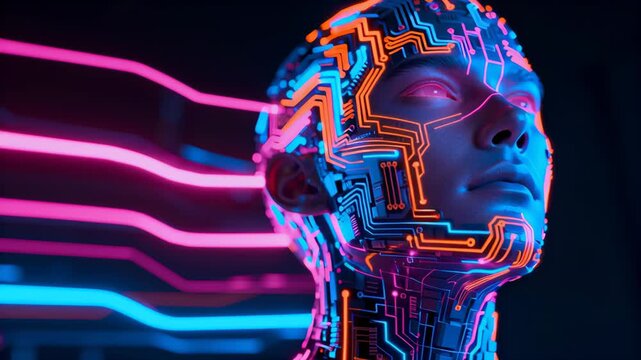 Futuristic humanoid robot head with neon lights and circuit patterns in a dark setting