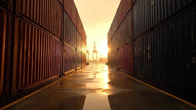 container row frames port corridor. crane tower aligns with shipping terminal. logistics and transport connect industry with warehouse dock cargo. sunset glow on wet pavement between container walls.