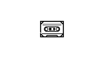 A black and white graphic of an audio cassette tape, central on a white field