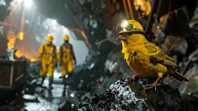 A small yellow canary wearing a lighted safety helmet perches on a lump of coal, serving as a vital early warning for miners in a dark mine