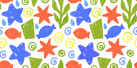 A colorful seamless pattern of hand-drawn sea creatures like fish, shells, seaweed, bubbles, and starfish, in playful crayon textures.