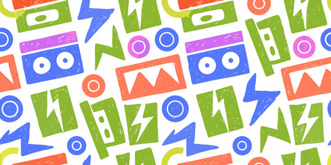 A seamless pattern inspired by 1980s pop art, with abstract shapes, cassette tapes, sunglasses, lightning bolts, and zigzags.