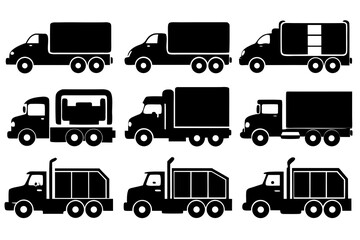 set of Truck and Lorry Silhouette Icons Isolated on White Background