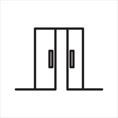 A simple black and white icon with contour lines depicting a pair of closed automatic sliding doors, or elevator doors, representing entrance, exit, access to the building, and closure.