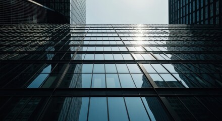 Upward view of high-rise glass buildings reflecting the sky with sun glare