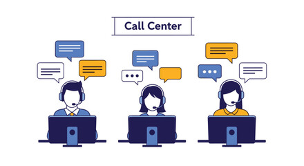 Professional customer service representatives providing support via headsets and computers in a modern call center environment