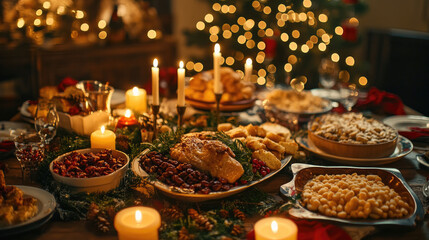Festive Christmas Eve dinner table brimming with traditional dishes, creating a warm atmosphere enhanced by glowing candles and twinkling Christmas tree lights