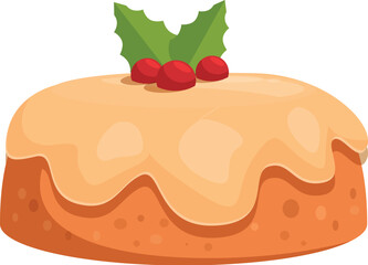 Round christmas pudding with holly berries and icing dripping down, perfect for holiday celebrations and festive meals