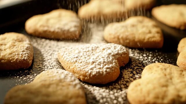 Sprinkling powdered sugar on homemade heart-shaped cookies. Close-up of fresh biscuits on a baking tray. Valentine's Day dessert and baking concept