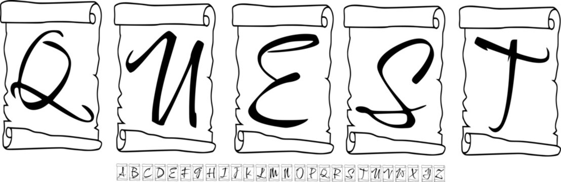 Quest Fantasy Font &ndash; Handwritten Adventure Alphabet on Ancient Scrolls for RPG and Magic Designs
