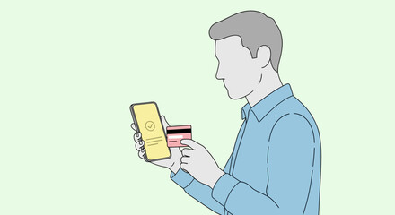 Man in a blue shirt making a secure online payment with a smartphone.