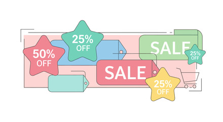 Colorful sale tags and star shapes indicating discounts and promotions for shopping.