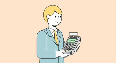 Businessman holding a payment terminal ready for transaction processing.