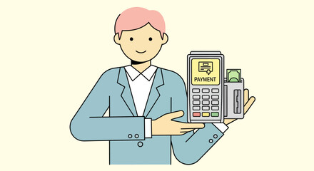 Man holding payment terminal and cash for transaction processing.