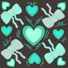Pattern of turquoise bows and hearts on dark background  