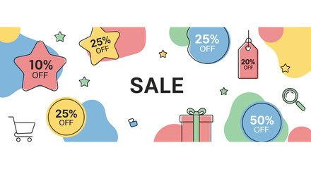 Vibrant Sale Banner with Discount Tags and Shopping Elements.