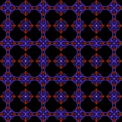 Colorful decorative pattern with intricate designs on black background  