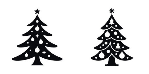 Christmas Tree Silhouette Vector Set – Festive Holiday Pine Icons Decorated with Ornaments and Stars, Traditional Winter Celebration Illustration for Seasonal Decoration and Greeting Design