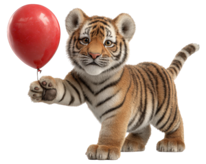 Adorable cute baby tiger cub animal holding red balloon illustration. This joyful character looks sweet and innocent, perfect for celebration or birthday greeting