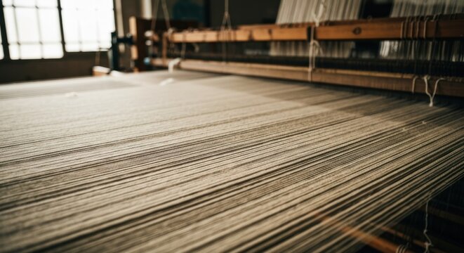 Weaving loom close-up, natural light illuminating taut threads