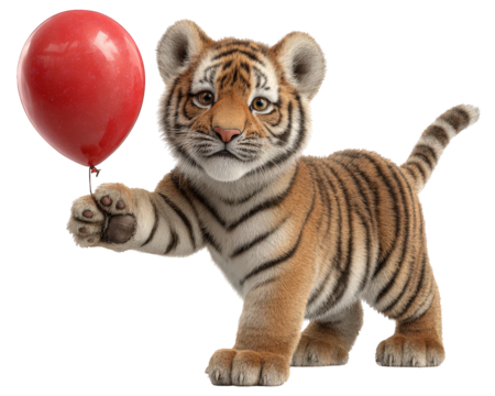 Adorable cute baby tiger cub animal holding red balloon illustration. This joyful character looks sweet and innocent, perfect for celebration or birthday greeting