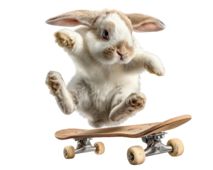 Funny cute bunny rabbit on skateboard appears joyful. This humorous animal enjoys riding, performing cool jump while skateboarding in fun, active and playful concept
