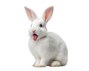Fototapeta premium Funny white rabbit bunny with cute animal expression sticking its tongue out. humorous and surprising pet with silly look, isolated on transparent background