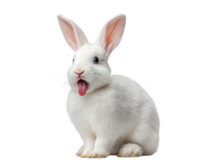 Funny white rabbit bunny with cute animal expression sticking its tongue out. humorous and surprising pet with silly look, isolated on transparent background
