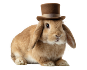 Cute and adorable brown pet rabbit bunny wearing small hat with playful humor. charming animal portrait showcases gentle and curious look, isolated for design