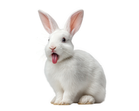 Funny white rabbit bunny with cute animal expression sticking its tongue out. humorous and surprising pet with silly look, isolated on transparent background
