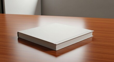 White book on glossy wood table with wall backdrop