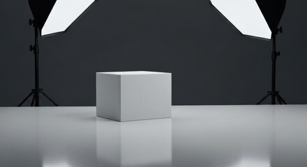 White cube in studio, two softbox lights, glossy surface