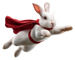 Playful white rabbit superhero flying with red cape. This courageous and determined animal character, fantasy bunny with power, soars through air on an adventure