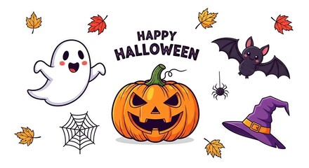 Obraz premium Festive Halloween Cartoon Illustration with Traditional Holiday Elements Display