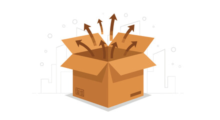 Arrows soaring from open carton represent expansion, success, and strategic market reach
