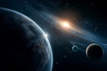 Planetary alignment visible from deep space, planets glowing against dark void