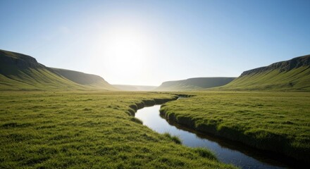 Winding river through vibrant green valley, bright sun, clear blue sky overhead
