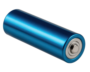 Single blue battery object, powerful cylindrical cell for portable energy. This straight side photo of an isolated electronic component provides electricity and direct current