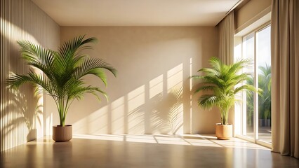 Fototapeta premium Bright empty room with sunlight and two palm trees in pots near the window
