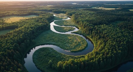 Winding river carves through lush, green forest, aerial view under soft light