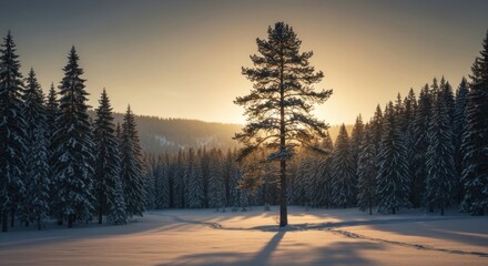 Winter landscape conifer trees in snow under a warm sunset, long shadows