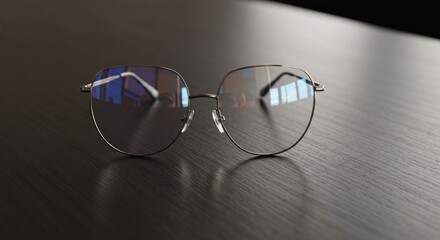 Wire-frame eyeglasses rest on dark, reflective surface, reflecting blurred light