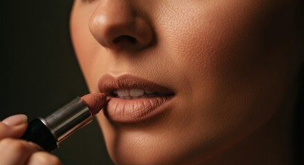 Woman applying nude lipstick, close-up of face