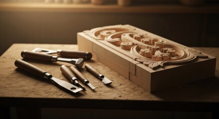Wood carving project with tools on a dusty workbench under warm light