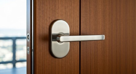 Wood door with metal handle, open slightly to city view
