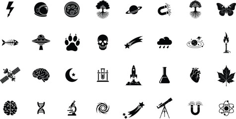 Science and Space Silhouette Icon Set. Astronomy, Biology, Chemistry, Physics, Technology Symbols Collection