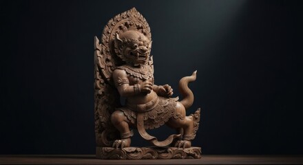 Wood sculpture of mythical creature with elaborate carving details, side view