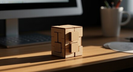 Wooden puzzle cube on desk with monitor, morning light creating shadows
