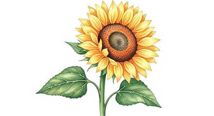 Fototapeta premium Elegant watercolor depiction of a radiant sunflower with vibrant petals and green leaves on white